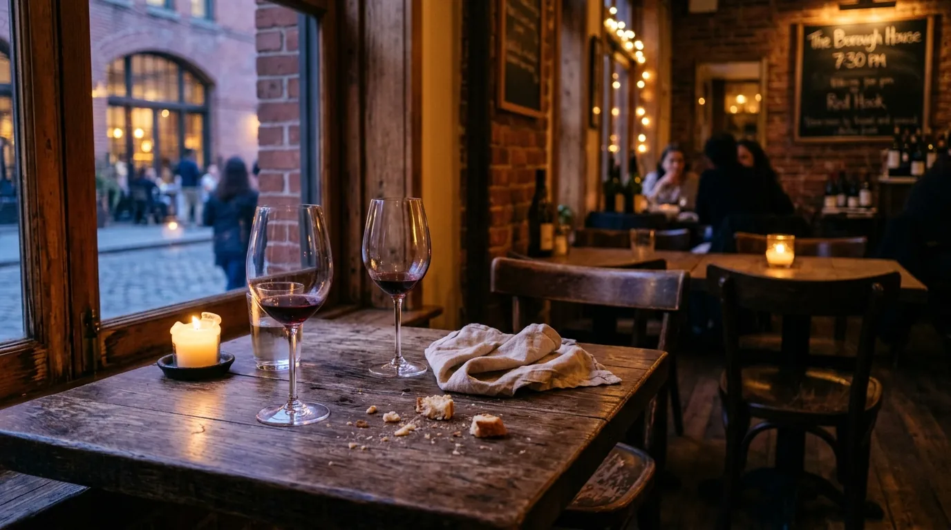 Post-dinner table with two wine glasses, crumbs, and folded linen napkin in warm dusk light